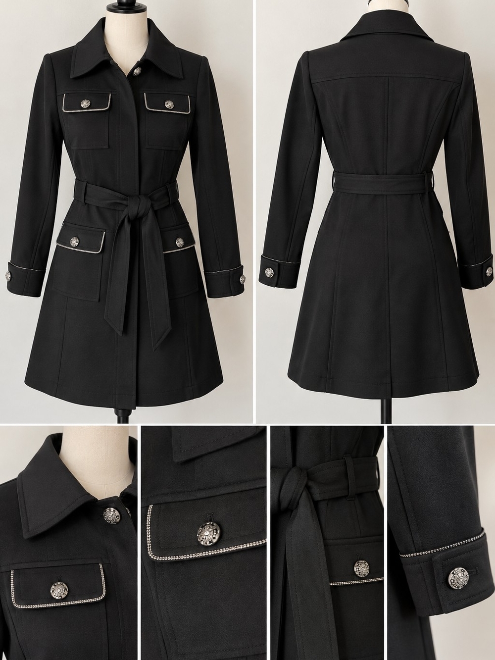 White House Black Market Black Belted Trench Coat with Rhinestone Trim